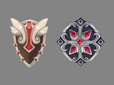 Two Decorative Shields Featuring Winged Red Accents And Cross Shaped Blue Silver Gems 3d model