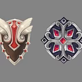 Two Decorative Shields Featuring Winged Red Accents And Cross Shaped Blue Silver Gems 3d model