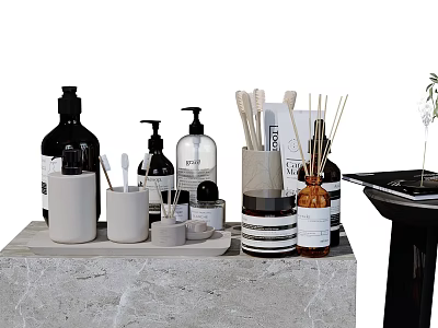 Modern Bathroom Set With Marble Countertop Soap Dispenser Toothbrush Holder And Aroma Diffuser Bottles 3d model