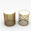 Round Side Tables With Gold Intricate Cutout Frame And White Smooth Tabletop 3d model