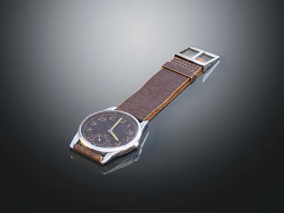 Classic Watch With Brown Leather Strap And Silver Case Dark Dial 3d model