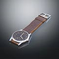 Classic Watch With Brown Leather Strap And Silver Case Dark Dial 3d model