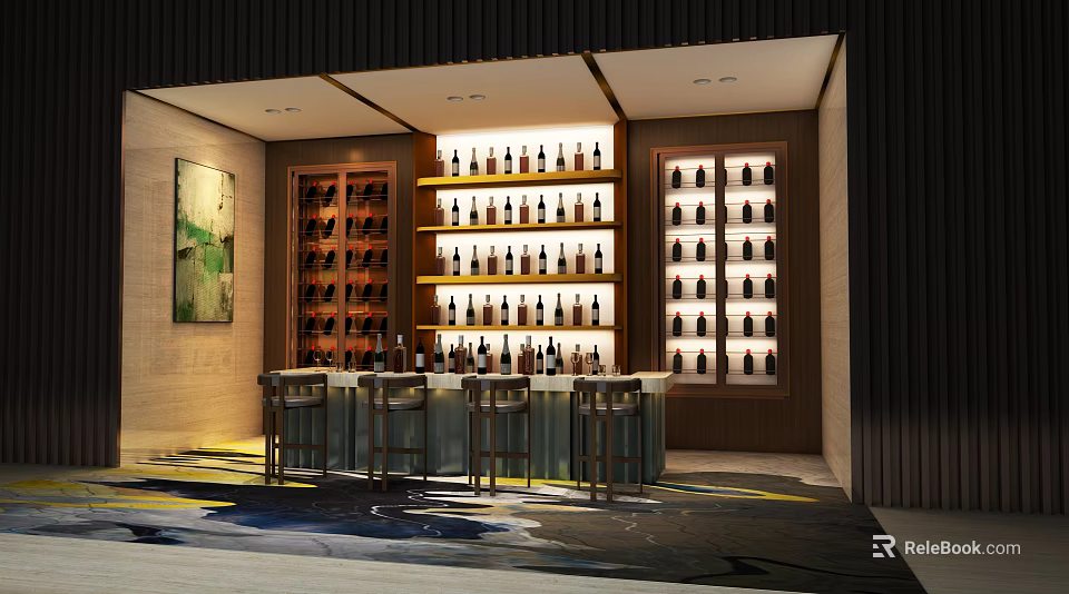 Elegant Modern Wine Cabinet With Glass Shelves LED Lighting And Bottle 3d model 