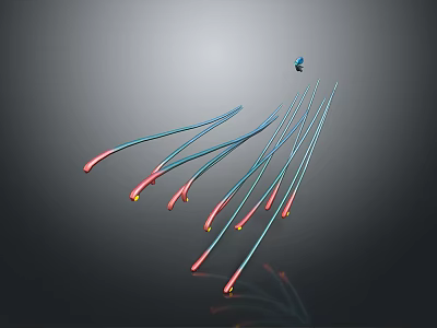 Slender Strips With Red Blue Glowing Ends Form Dynamic Artistic Installation On Gray Background 3d model