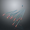 Slender Strips With Red Blue Glowing Ends Form Dynamic Artistic Installation On Gray Background 3d model