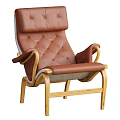 Brown Leather Leisure Chair With Diamond Stitching And Curved Wooden Armrests