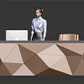 Modern Brown Reception Desk With Geometric Pattern Design Computer Monitor And Chair Interior