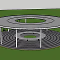 Circular Pergola With Transparent Roof White Columns Central Tree Swings And Green Lawn Background