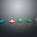 Colorful Decorative Plants In Blue Pink Green White Arranged On Black Background With Reflection
