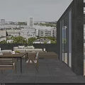 Modern Outdoor Table Setup On Terrace With City View And Wooden Chairs