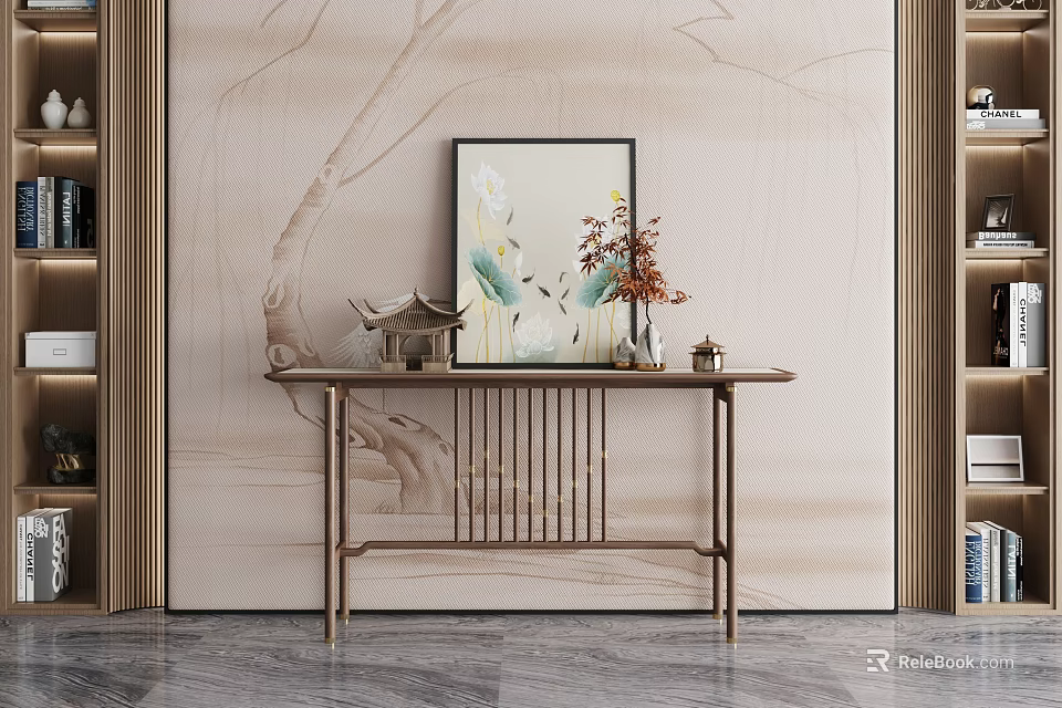 Elegant Chinese Console Table With Textured Wall Framed Artwork And Floral Decor 3d model 