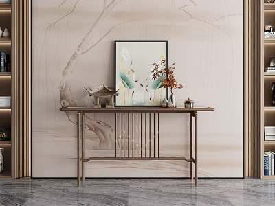 Elegant Chinese Console Table With Textured Wall Framed Artwork And Floral Decor 3d model