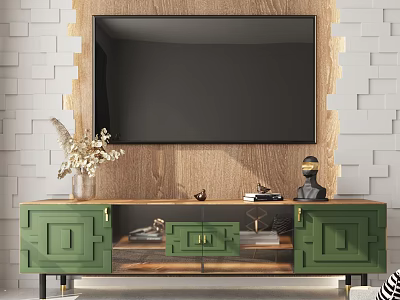 Green TV Stand With Decorative Vase Sculpture And Wall Mounted TV On Light Brick Wall 3d model