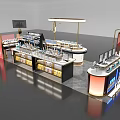 Elegant Modern Mall Counter With Display Shelves Products Lighting And Red Signage