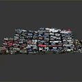 Large Scrap Cars Pile Stacked With Various Colors And Old Auto Parts