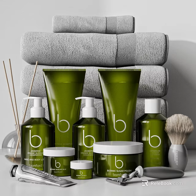 Modern Bathroom Accessories With Green Toiletries Stacked Gray Towels Shaving Brush And Reed Diffuser 3d model 