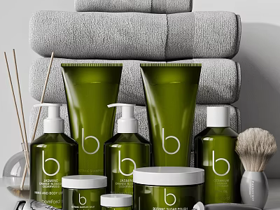 Modern Bathroom Accessories With Green Toiletries Stacked Gray Towels Shaving Brush And Reed Diffuser 3d model