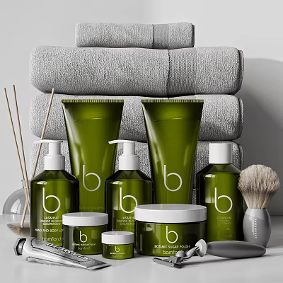 Modern Bathroom Accessories With Green Toiletries Stacked Gray Towels Shaving Brush And Reed Diffuser 3d model