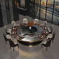 Modern Round Marble Dining Table with Beige Chairs Lazy Susan Golden Legs and Flower Arrangement