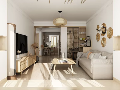 Modern Living and Dining Room Interior With TV Stand Sofa Coffee Table And Wall Decor 3d model