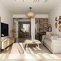Modern Living and Dining Room Interior With TV Stand Sofa Coffee Table And Wall Decor