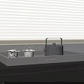 Black Tray With Lidded White Cups And Black Kettle On Dark Countertop By White Blinds
