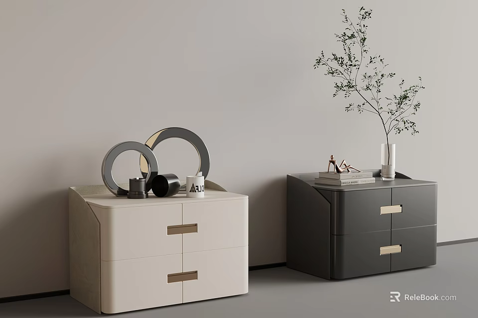 Modern Light And Dark Bedside Tables With Mirrors Plant And Decorative Items 3d model 