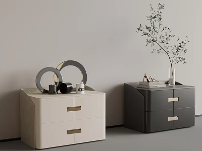 Modern Light And Dark Bedside Tables With Mirrors Plant And Decorative Items 3d model