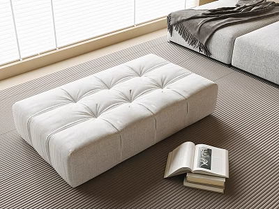 Tufted Light Gray Ottoman with Open Book and Books on Rug Near Sofa and Window 3d model
