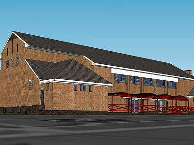 Brick Office Building With Black Roof Multiple Windows And Red Canopy 3d model