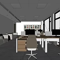 Modern Office Interior With Comfortable Sofa Desks Computers Bookshelves And Large Windows 3d model