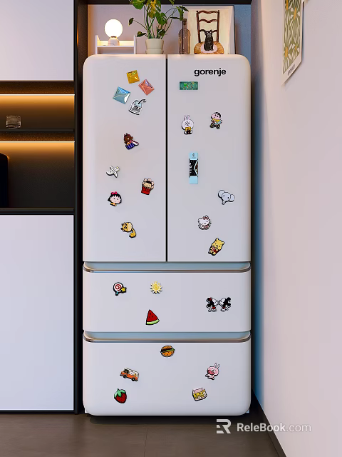 Home Kitchen Refrigerator Decorated With Colorful Cartoon Stickers In Modern Interior 3d model 