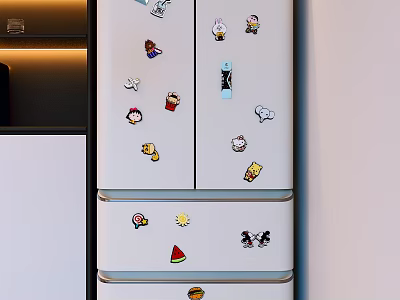 Home Kitchen Refrigerator Decorated With Colorful Cartoon Stickers In Modern Interior 3d model