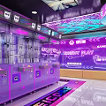 Modern Mall Interior With Purple Neon Lights Vending Machines And Shops Decoration