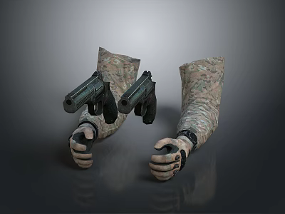 Black Pistols Held By Hands Wearing Camouflage Gloves In Tactical Scene 3d model