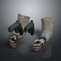 Black Pistols Held By Hands Wearing Camouflage Gloves In Tactical Scene