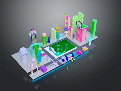 Colorful Modern Buildings In Diverse Shapes Different Heights With Green Central Urban Scene 3d model