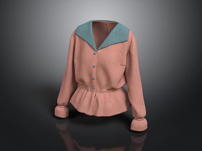 Pink Long Sleeve Blouse with Green Collar Decorative Buttons Ruffled Hem for Daily Use 3d model