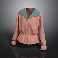 Pink Long Sleeve Blouse with Green Collar Decorative Buttons Ruffled Hem for Daily Use