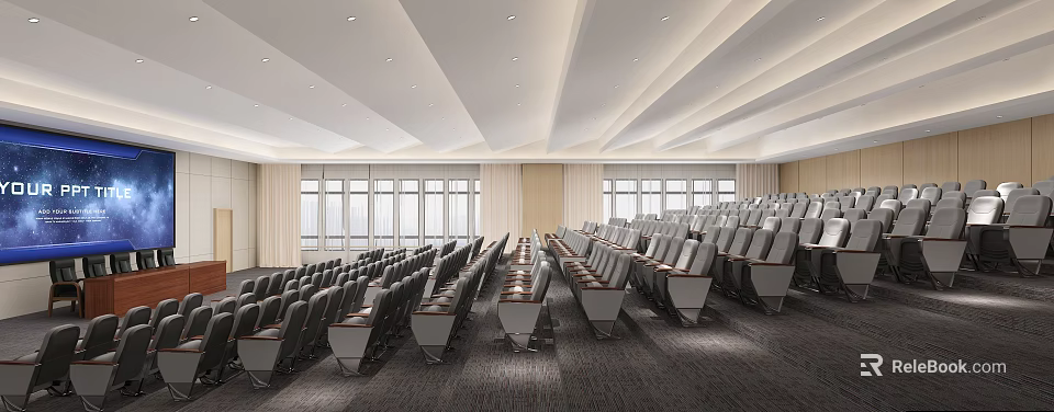 Modern Conference Room With Neatly Arranged Comfortable Seats Large Windows And Spacious Interior 3d model 