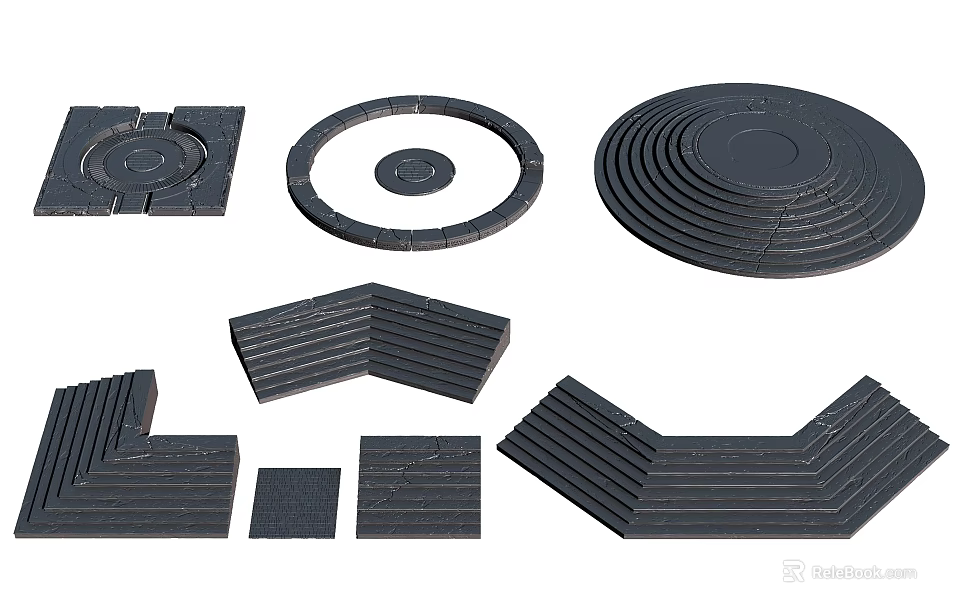 Black Building Components With Various Shapes Including Circular Square And Angular Striped Parts 3d model