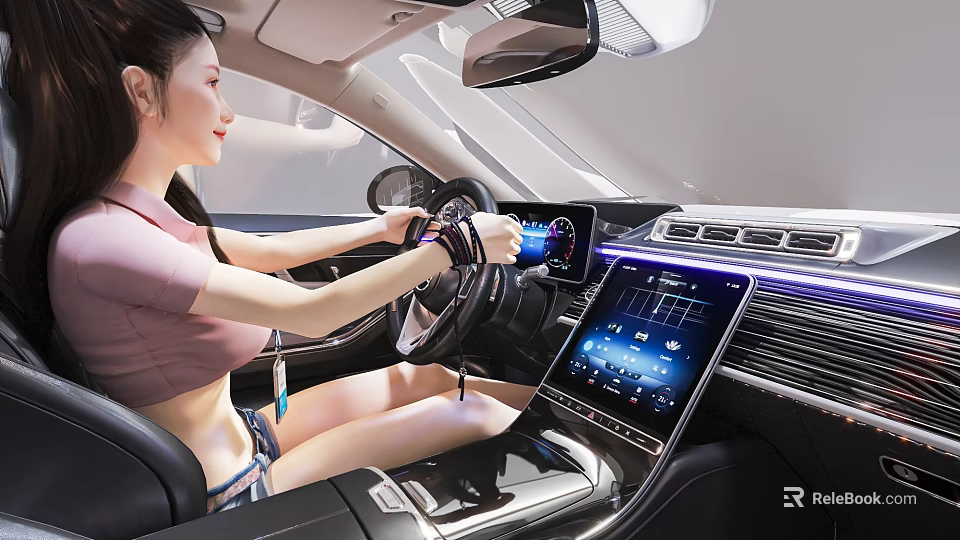 Woman Driving Modern Car Interior With Steering Wheel And Large Touchscreen 3d model 