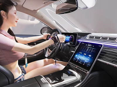 Woman Driving Modern Car Interior With Steering Wheel And Large Touchscreen 3d model
