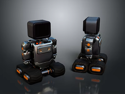 Two Mechanical Robots With Screen Heads Large Wheels And Black Silver Orange Details 3d model