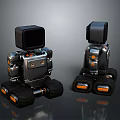 Two Mechanical Robots With Screen Heads Large Wheels And Black Silver Orange Details