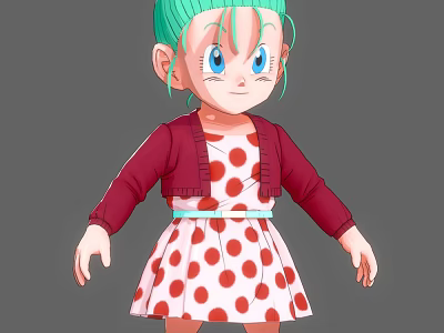 Woman with green hair blue eyes wearing red polka dot dress red cardigan blue belt 3d model