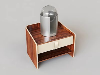 Wooden Nightstand With White Drawer And Silver Container With Transparent Cover 3d model