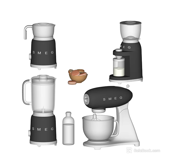 Smeg Kitchen Appliances Collection With Coffee Maker Blender Grinder And Nuts Milk Bottle 3d model 
