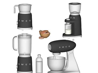 Smeg Kitchen Appliances Collection With Coffee Maker Blender Grinder And Nuts Milk Bottle 3d model