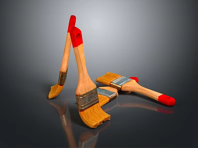 Wooden Paintbrushes With Red Handles And Yellow Bristles On Dark Surface 3d model